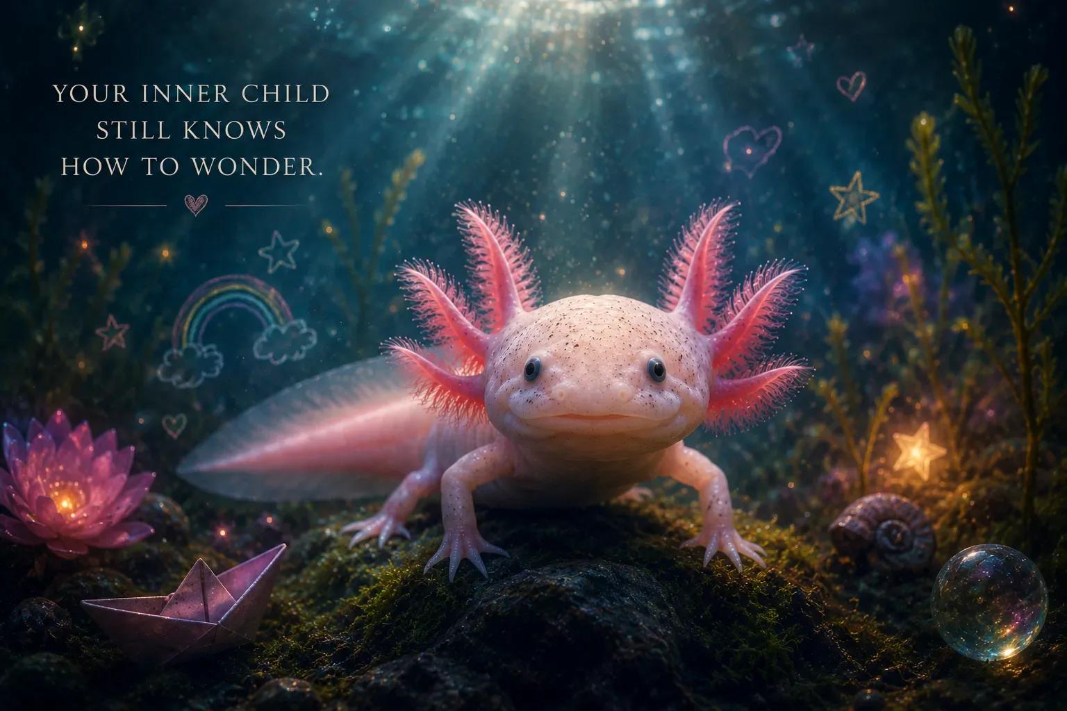 Dreamlike axolotl scene with child-like wonder, soft light, playful symbols, and underwater magic