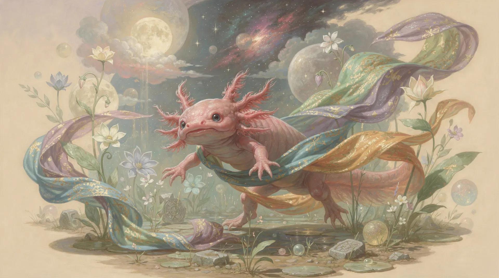 Creative axolotl symbolism artwork representing imagination, experimentation, and becoming