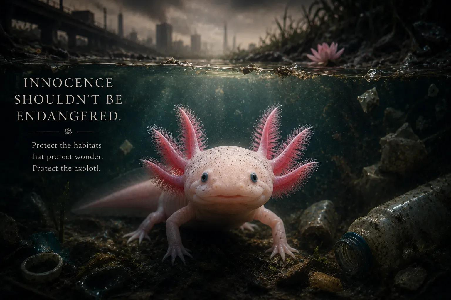 Axolotl innocence under threat symbolism image showing softness in a damaged world
