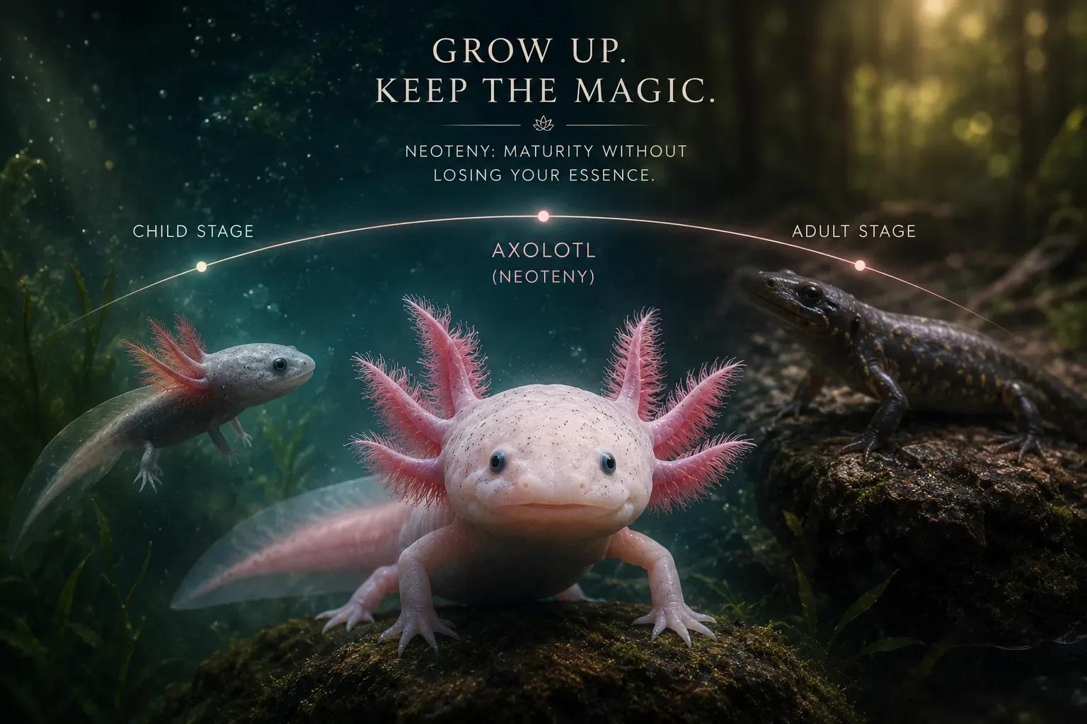 Axolotl neoteny symbolism artwork showing youthful traits carried into maturity