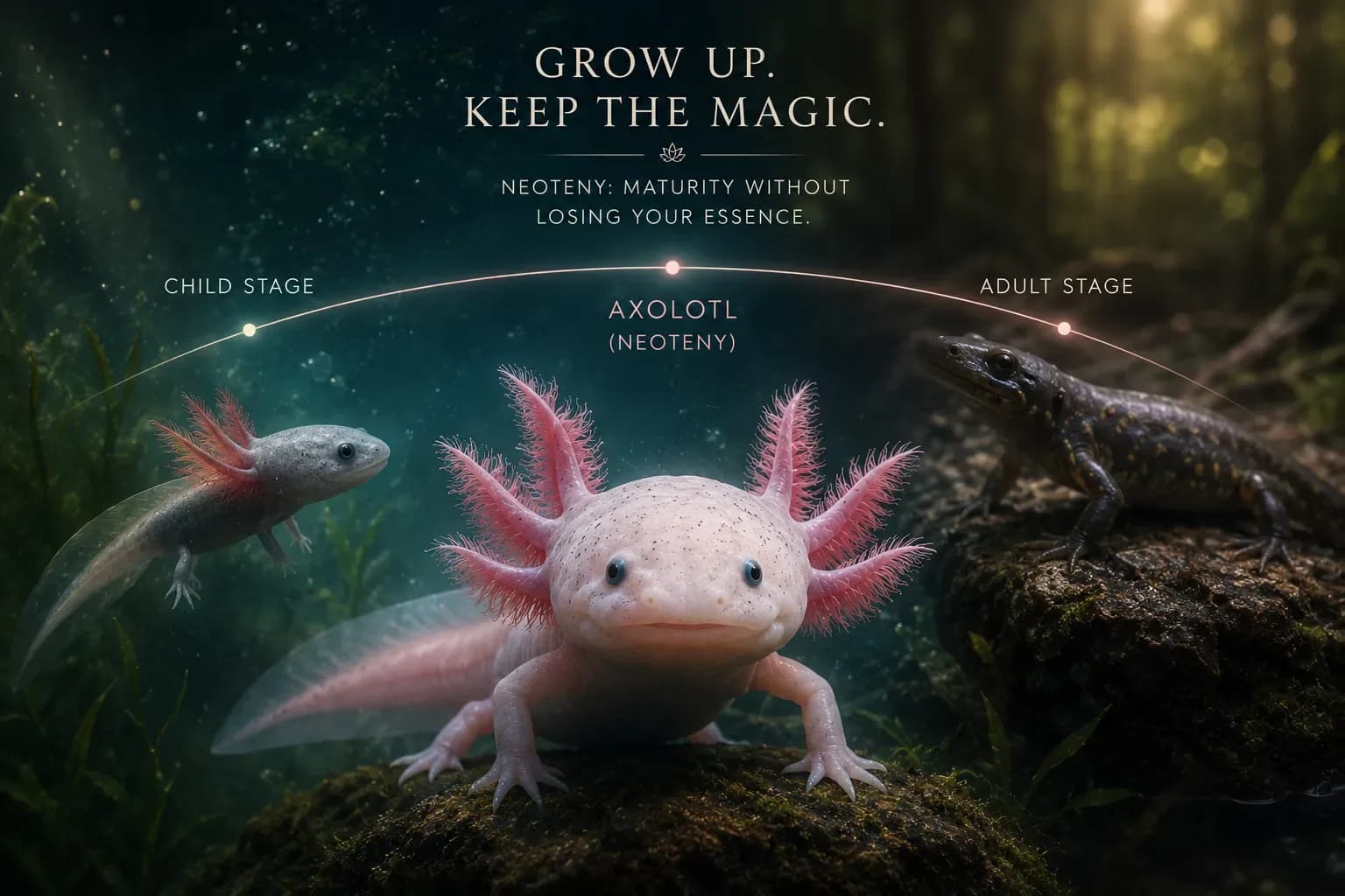 Axolotl neoteny symbolism artwork showing youthful traits carried into maturity