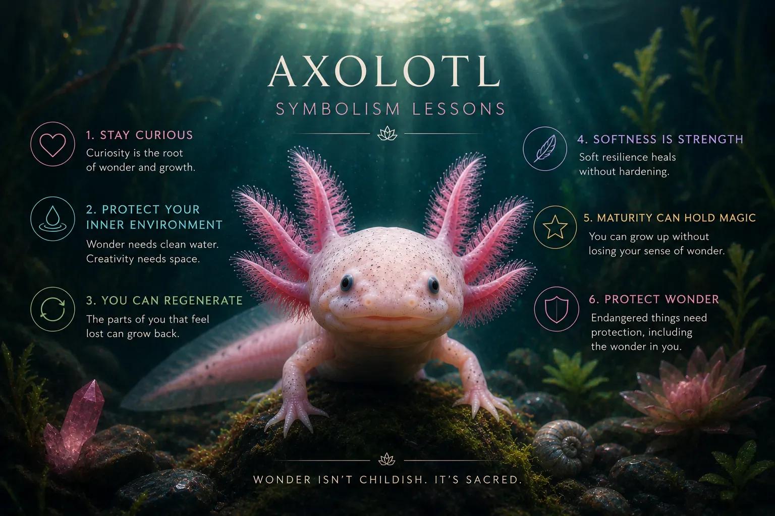 Axolotl symbolism lesson image representing curiosity, regeneration, softness, and protected wonder