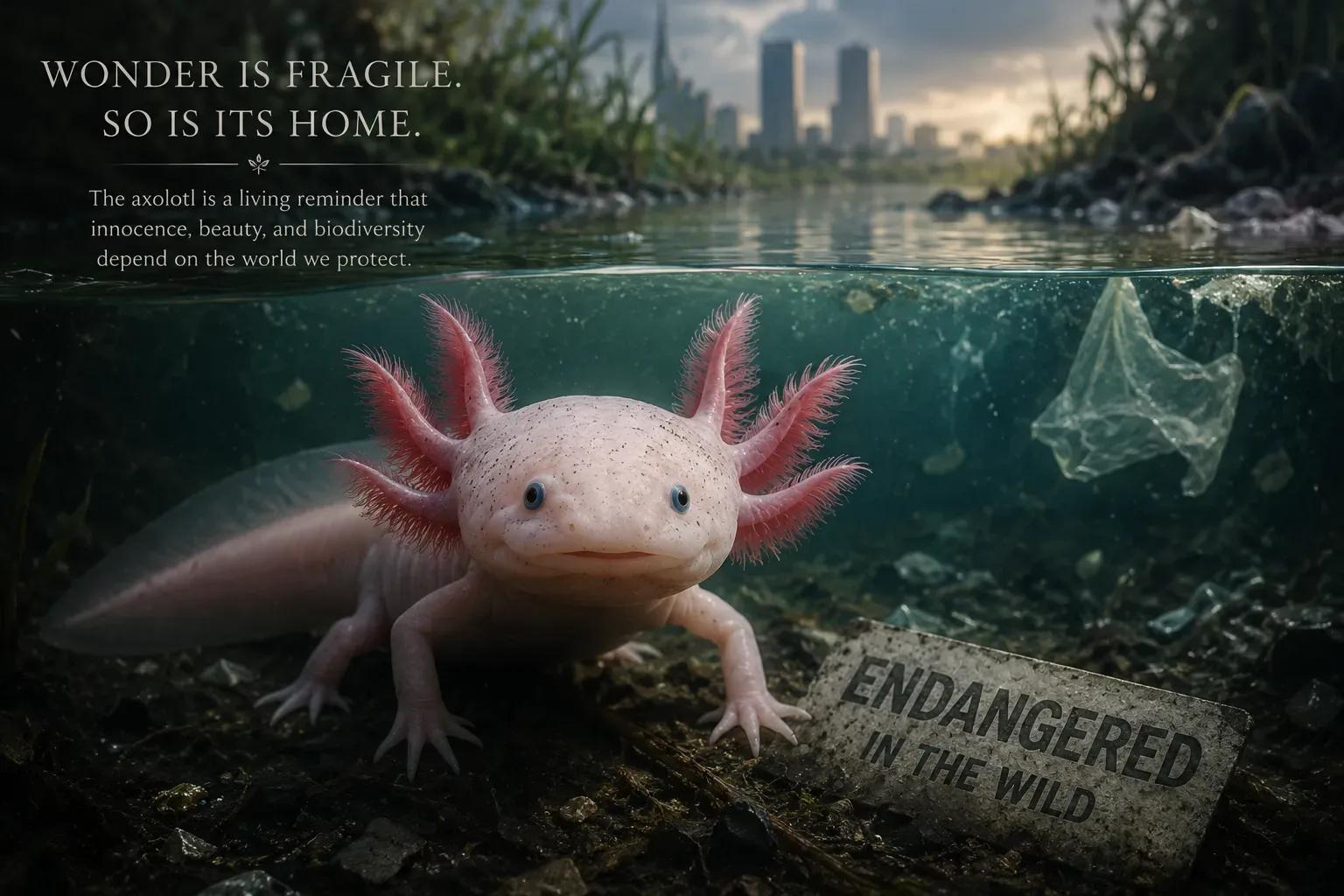 Symbolic axolotl in damaged water habitat, representing endangered wonder and innocence under threat