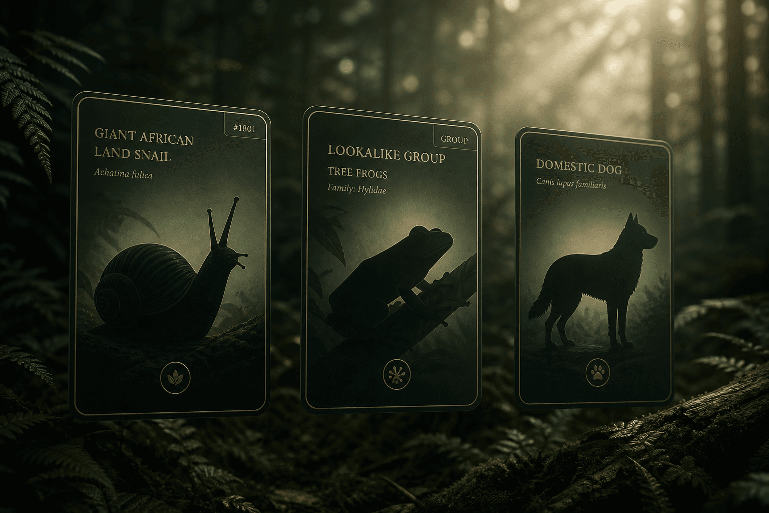 Three AnimalDex field cards showing a species snail, a tree frog lookalike group, and a domestic dog base index