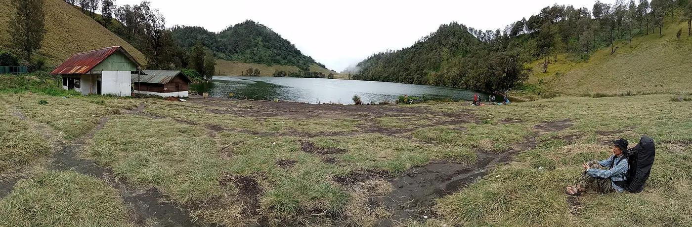 Ranu Kumbolo lake and grassland on the Semeru trail in Bromo Tengger Semeru National Park