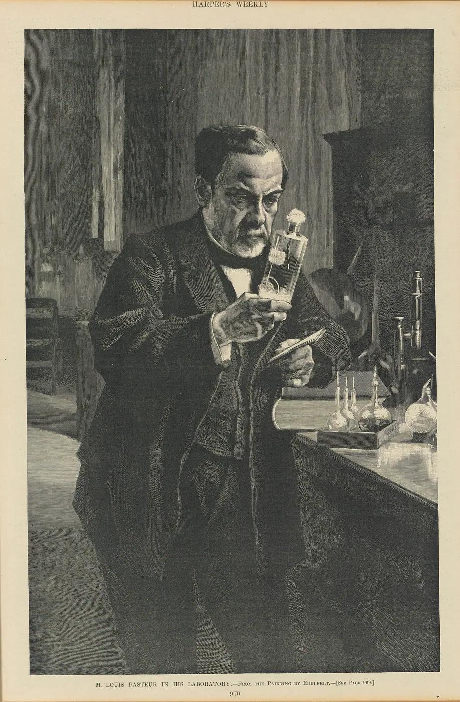 Engraving after Albert Edelfelt's 1885 painting of Louis Pasteur in his laboratory holding a jar