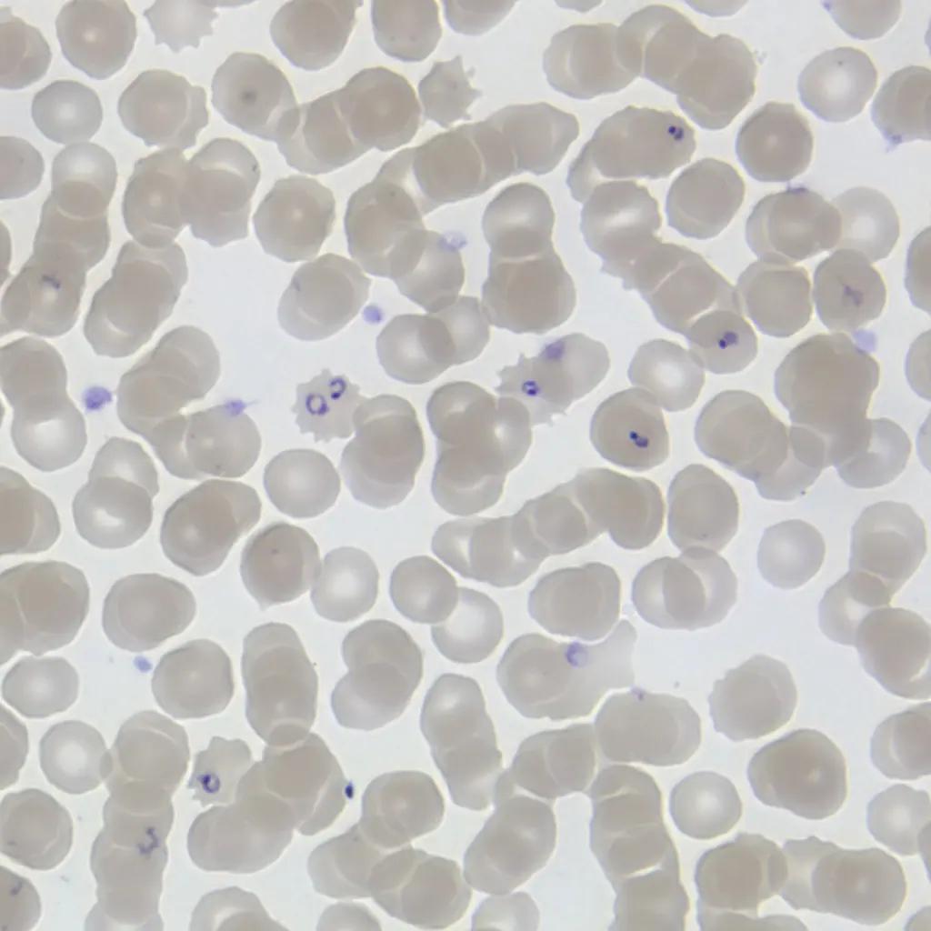 Microscope view of a stained blood smear with small dark ring shapes inside some red blood cells