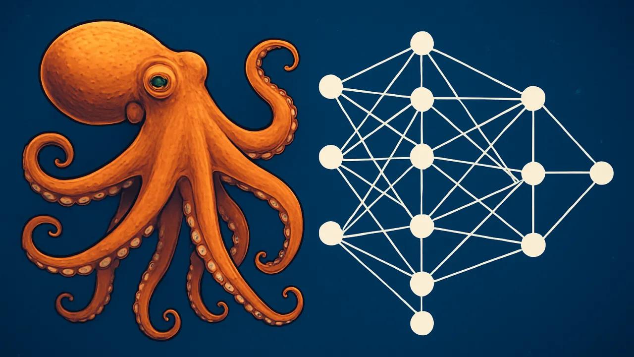 Diagram-style octopus arms branching like neural pathways to represent decentralized intelligence