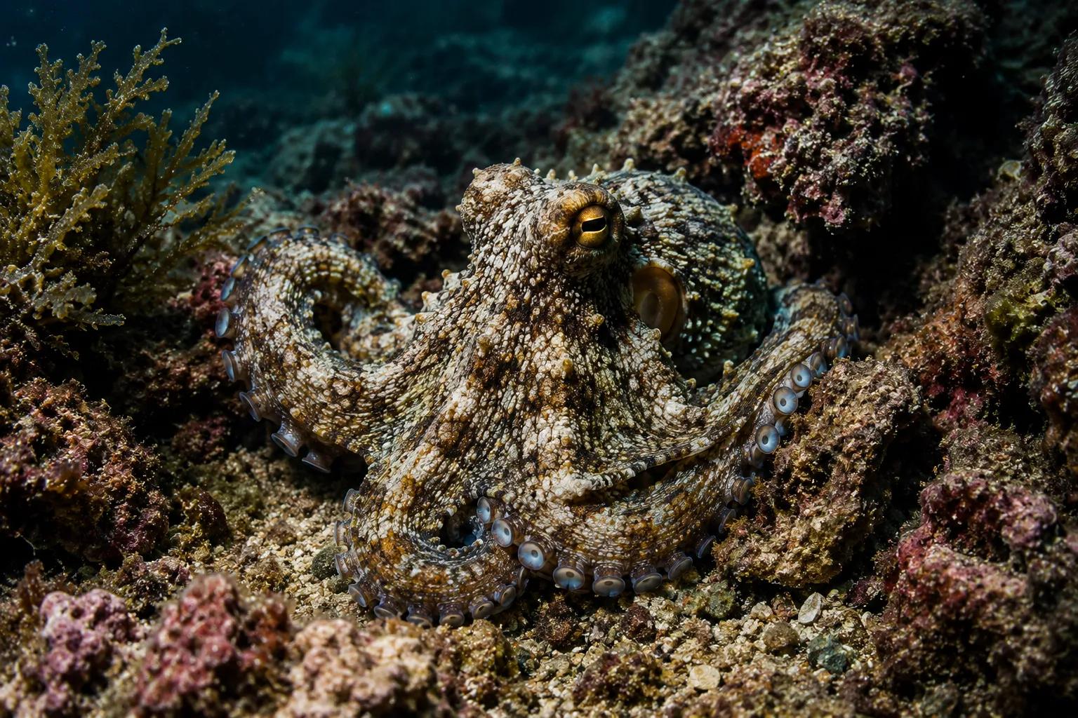 An octopus blending into a shadowed reef, representing hidden adaptation and unreadable intelligence