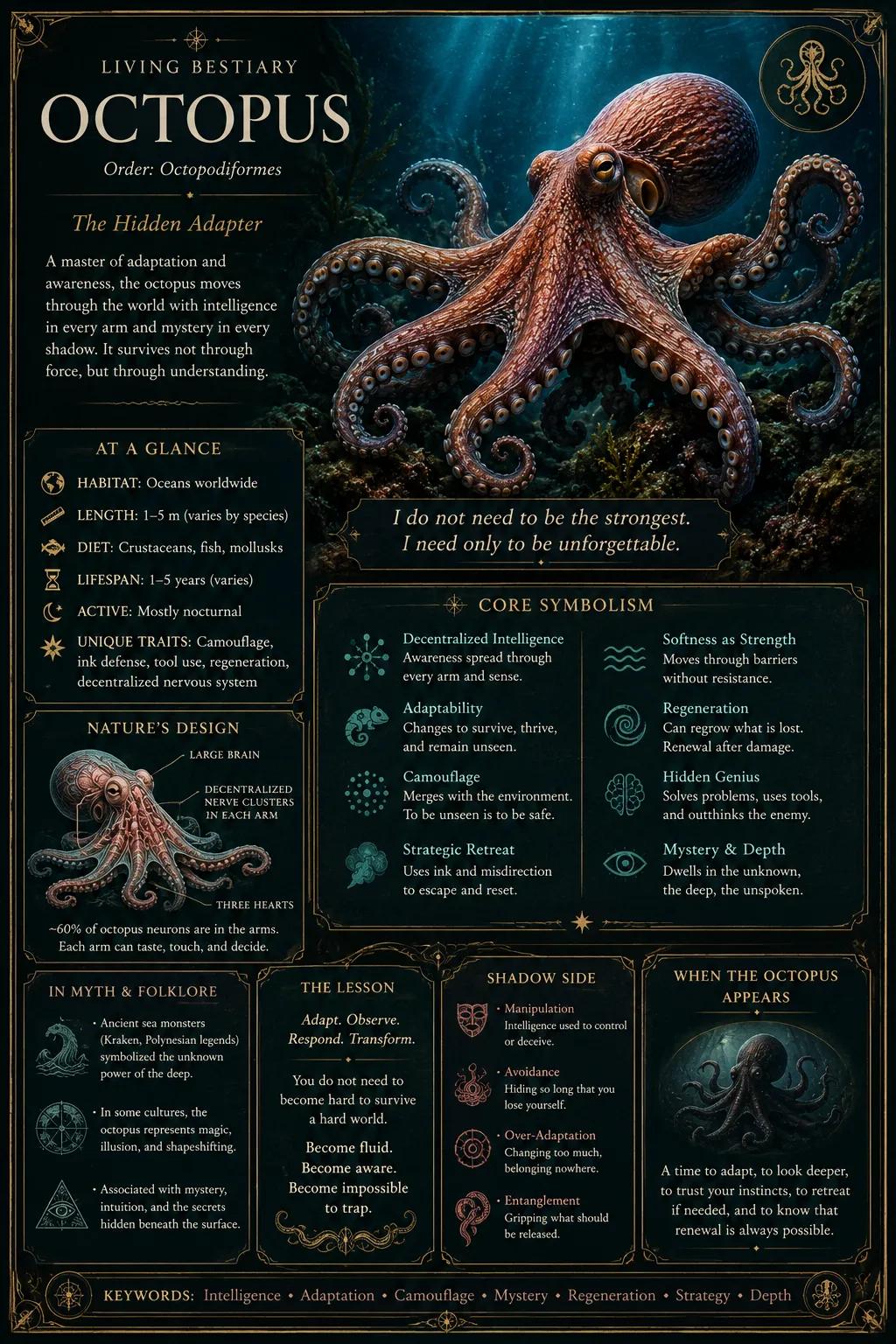 AnimalDex-style octopus bestiary card summarizing the octopus archetype of hidden adaptation