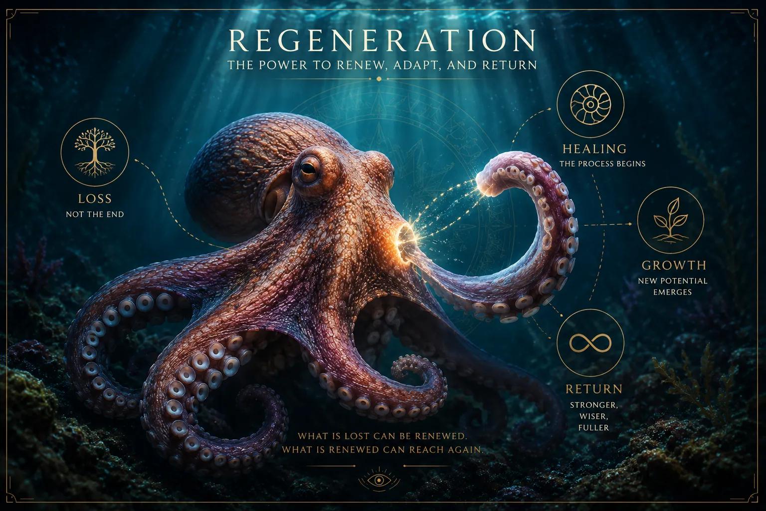 Symbolic octopus regeneration image representing recovery, repair, and growing new reach after loss