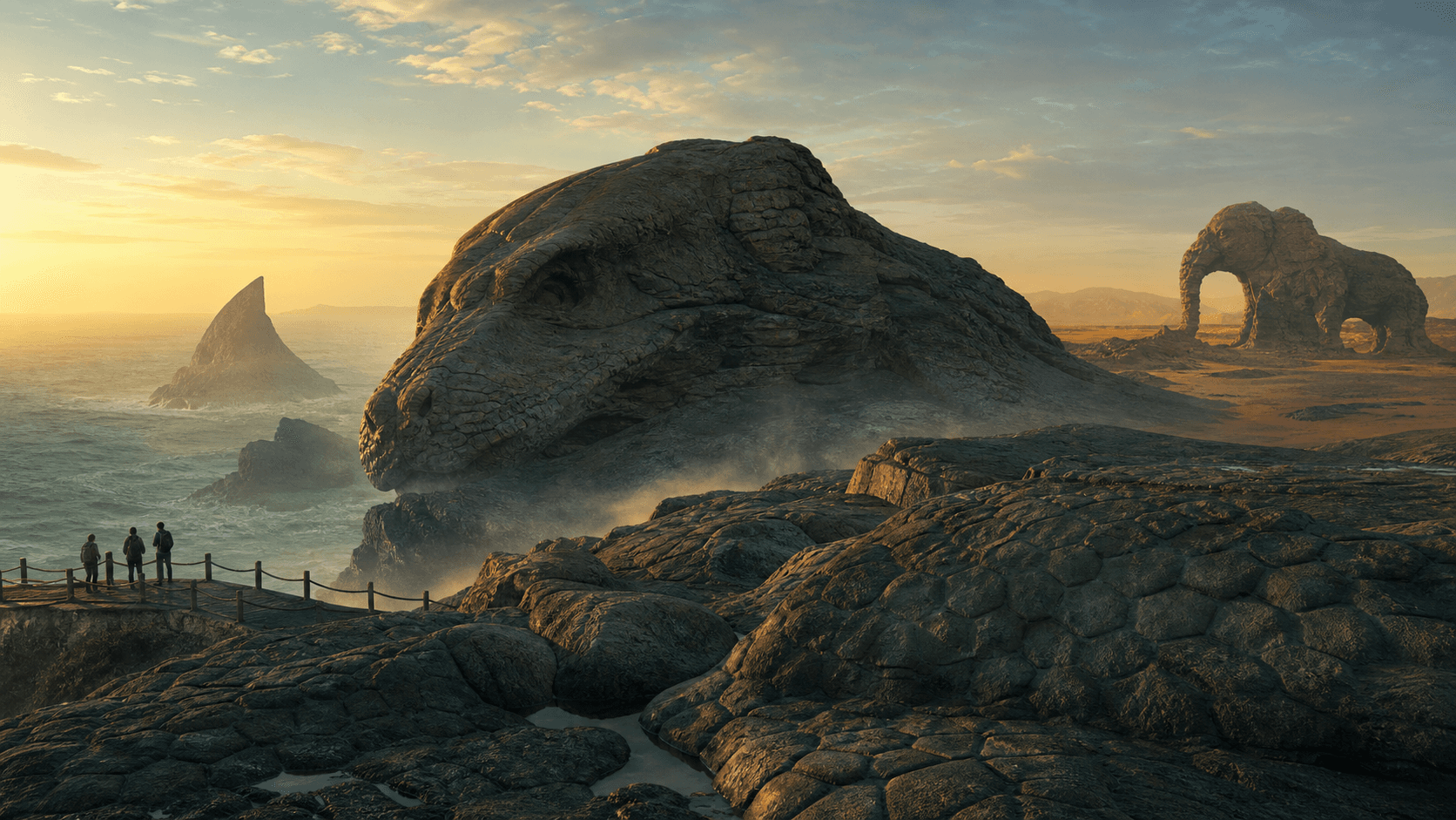 Cinematic natural rock formations resembling a giant reptile, shark fin and elephant at sunrise