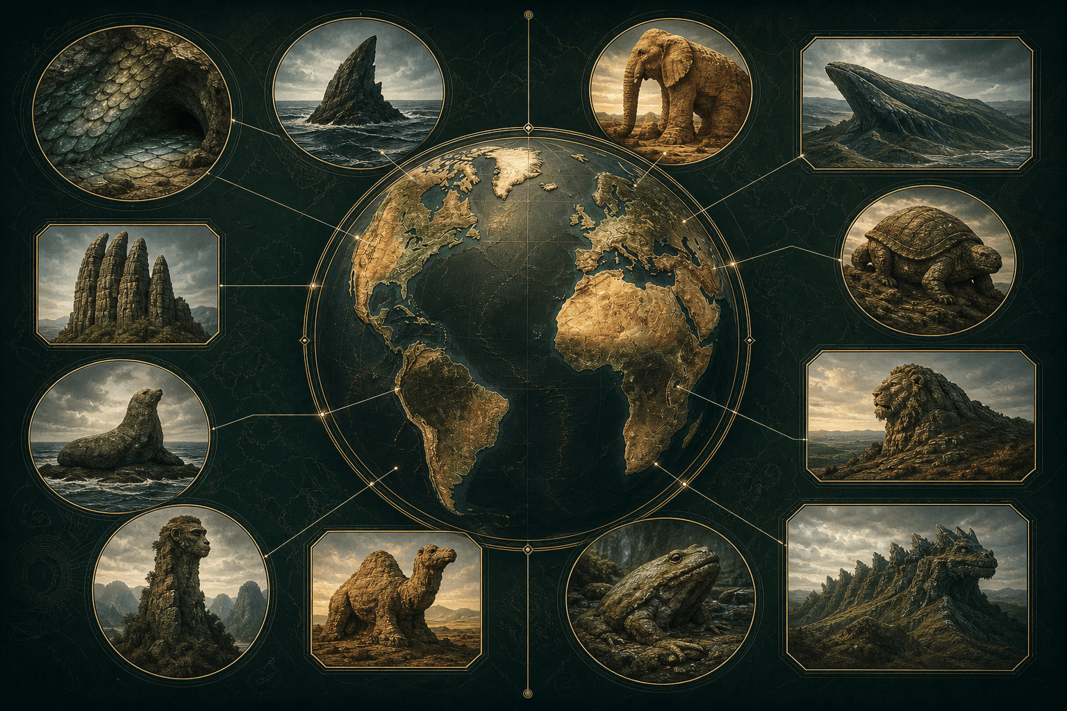 Illustrated world atlas surrounded by natural rock formations resembling animals