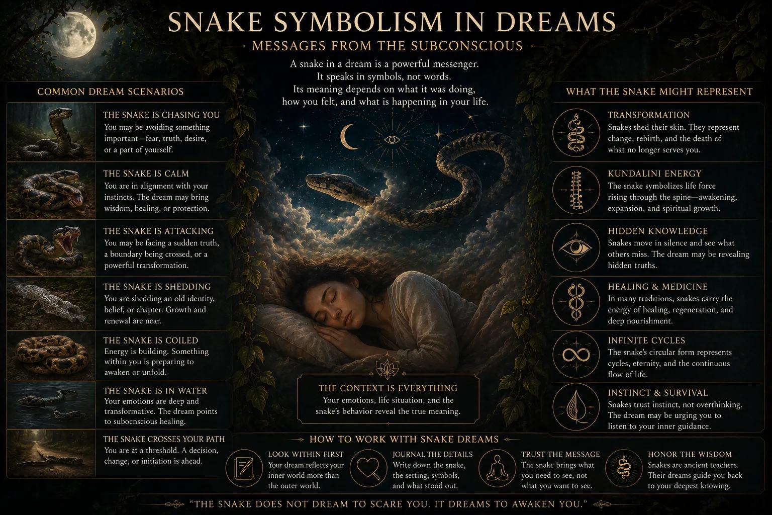 Dreamlike snake symbolism scene representing subconscious fear, healing, instinct, and transformation