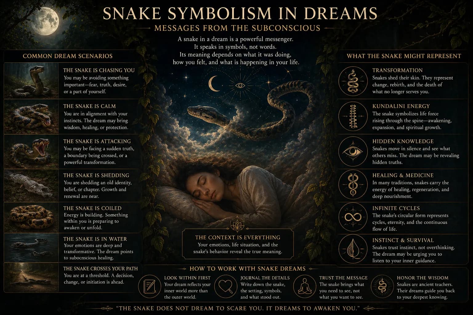 Dreamlike snake symbolism scene representing subconscious fear, healing, instinct, and transformation