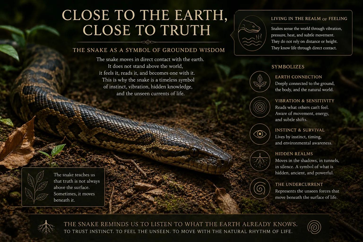 Snake moving close to the earth, symbolizing grounded instinct, vibration, and hidden movement