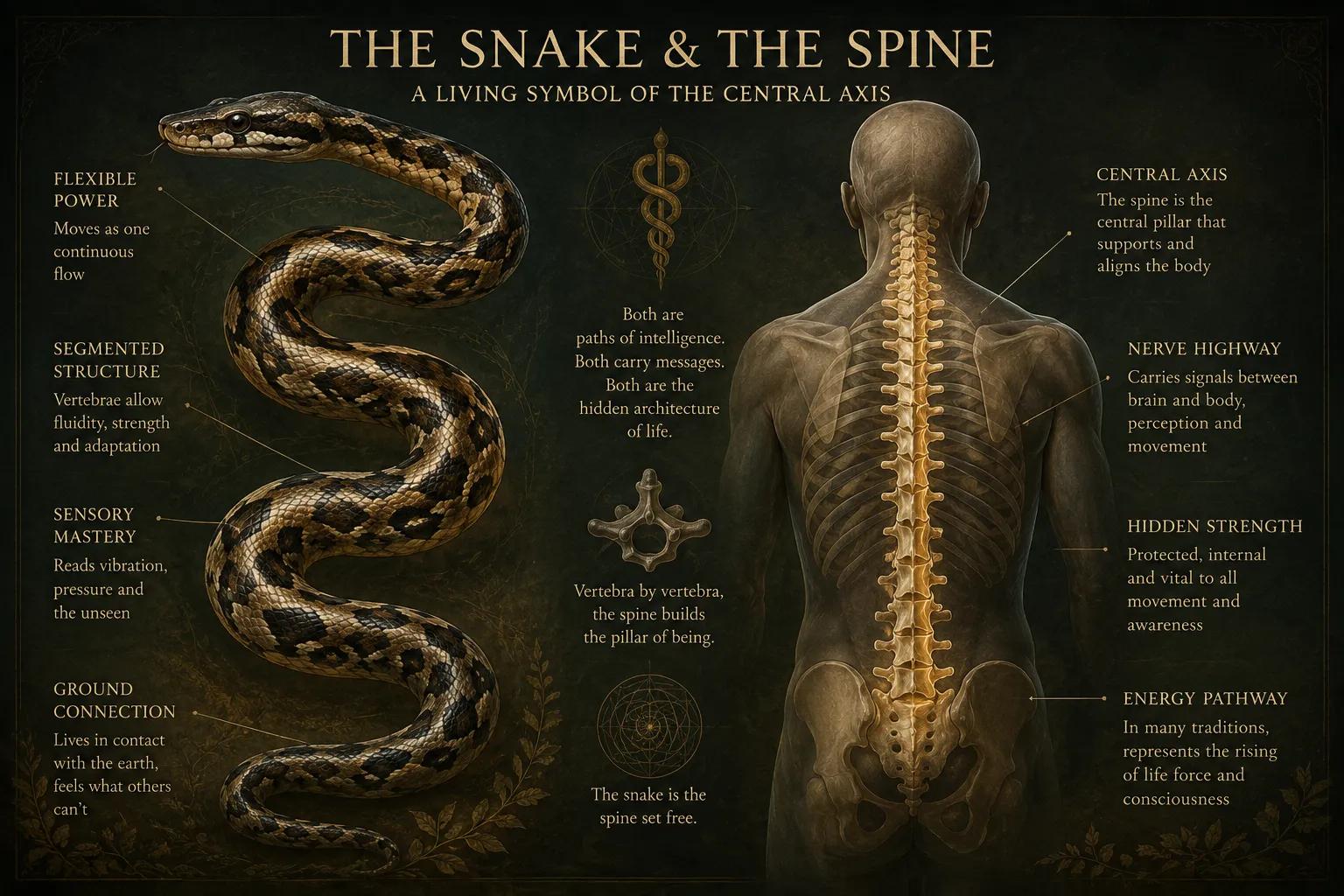 Snake body arranged like a human spine, symbolizing life force moving through the central column