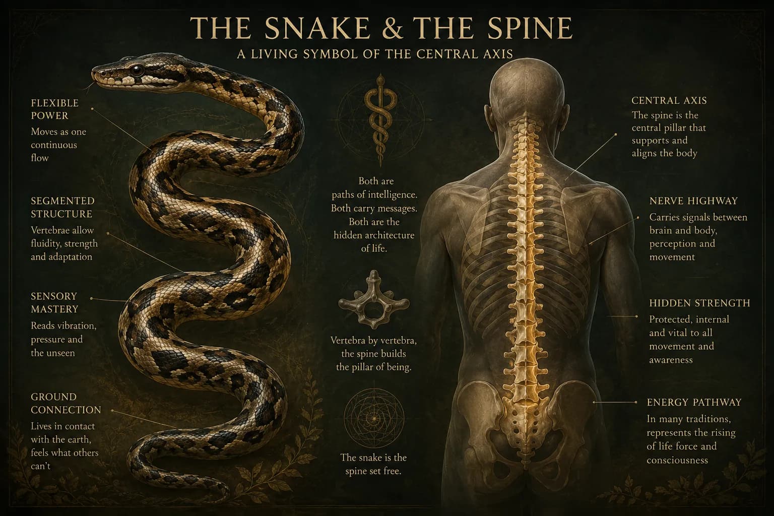 Snake body arranged like a human spine, symbolizing life force moving through the central column
