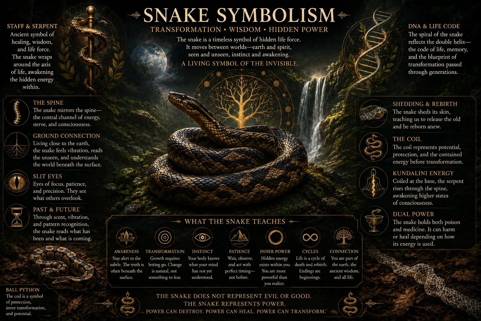 Snake symbolism infographic showing transformation, wisdom, hidden power, spine, DNA, coils, and rebirth
