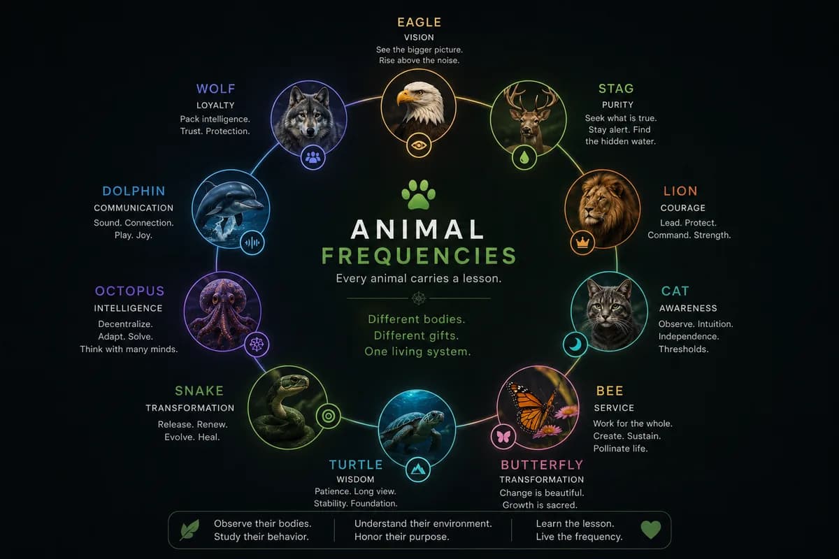 Diagram showing different animal frequencies such as loyalty, vision, transformation, communication, and soft power