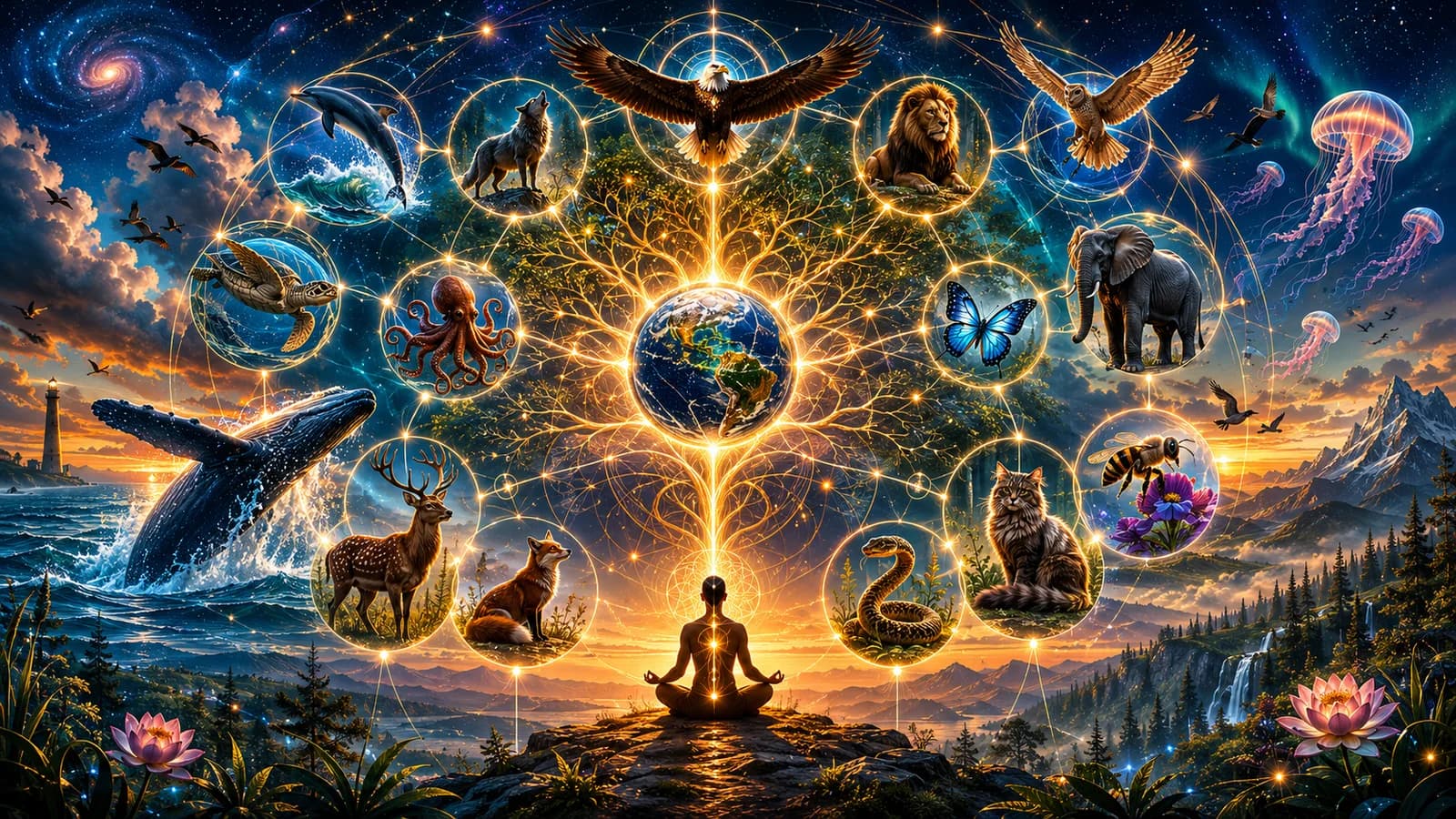 Mystical AnimalDex-style image of animals connected through glowing lines, representing the animal kingdom as a living frequency map
