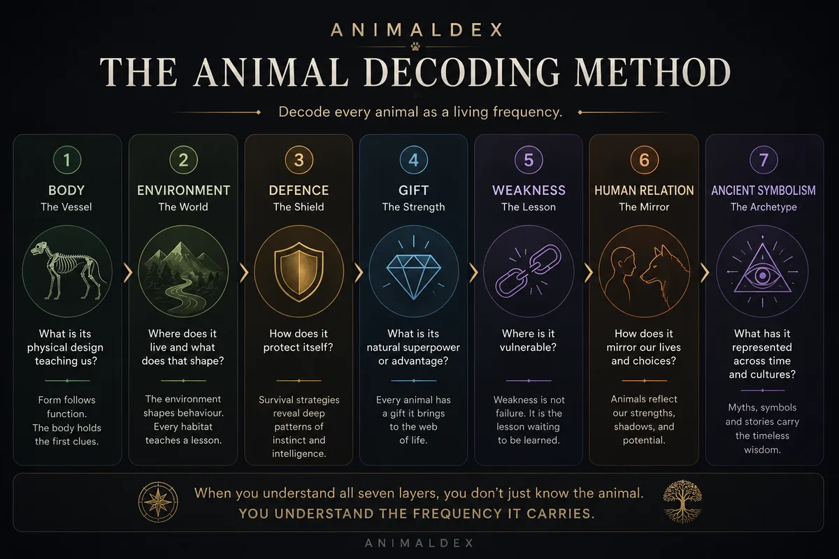 AnimalDex decoding method diagram showing body, environment, defence, gift, weakness, human relationship, and ancient symbolism