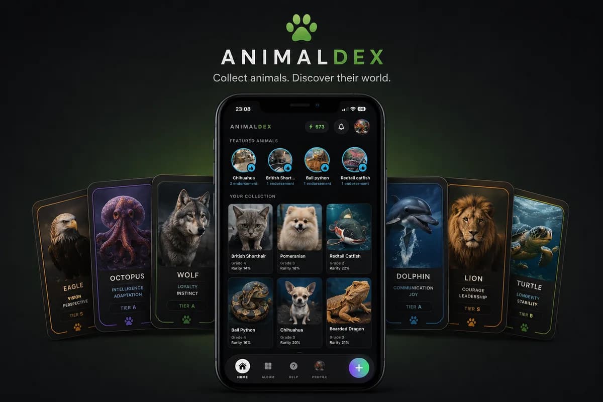 AnimalDex app concept showing animals collected like cards, representing a real-world animal collection and identification experience