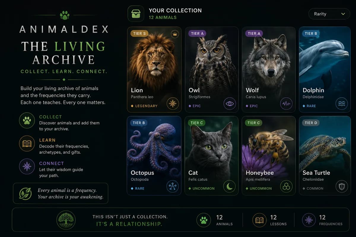 AnimalDex animal collection showing different creatures as a living archive of lessons, symbols, and frequencies