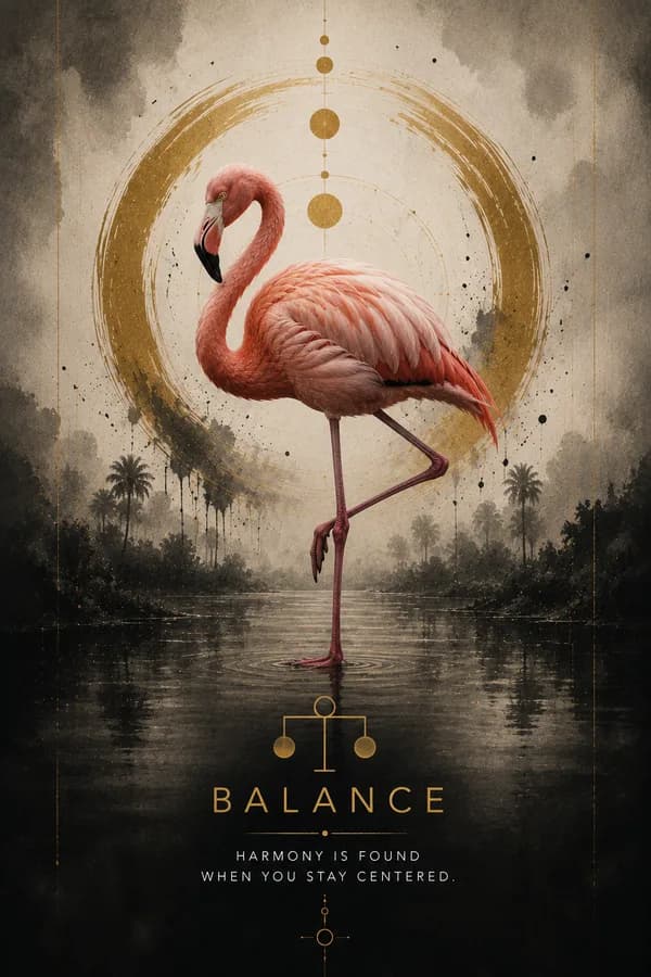 Symbolic flamingo artwork representing composure, balance, social display, and calm above shallow water