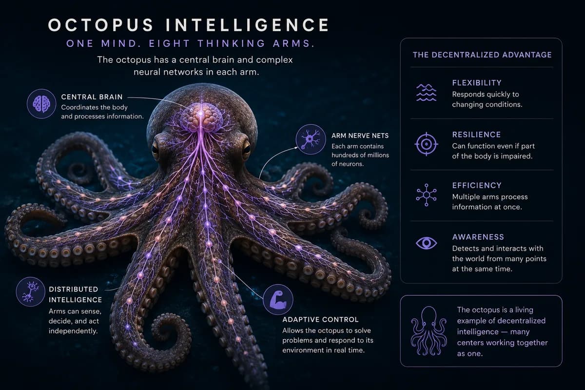 Diagram of octopus intelligence showing a central brain and neural networks in the arms, symbolizing decentralized thinking