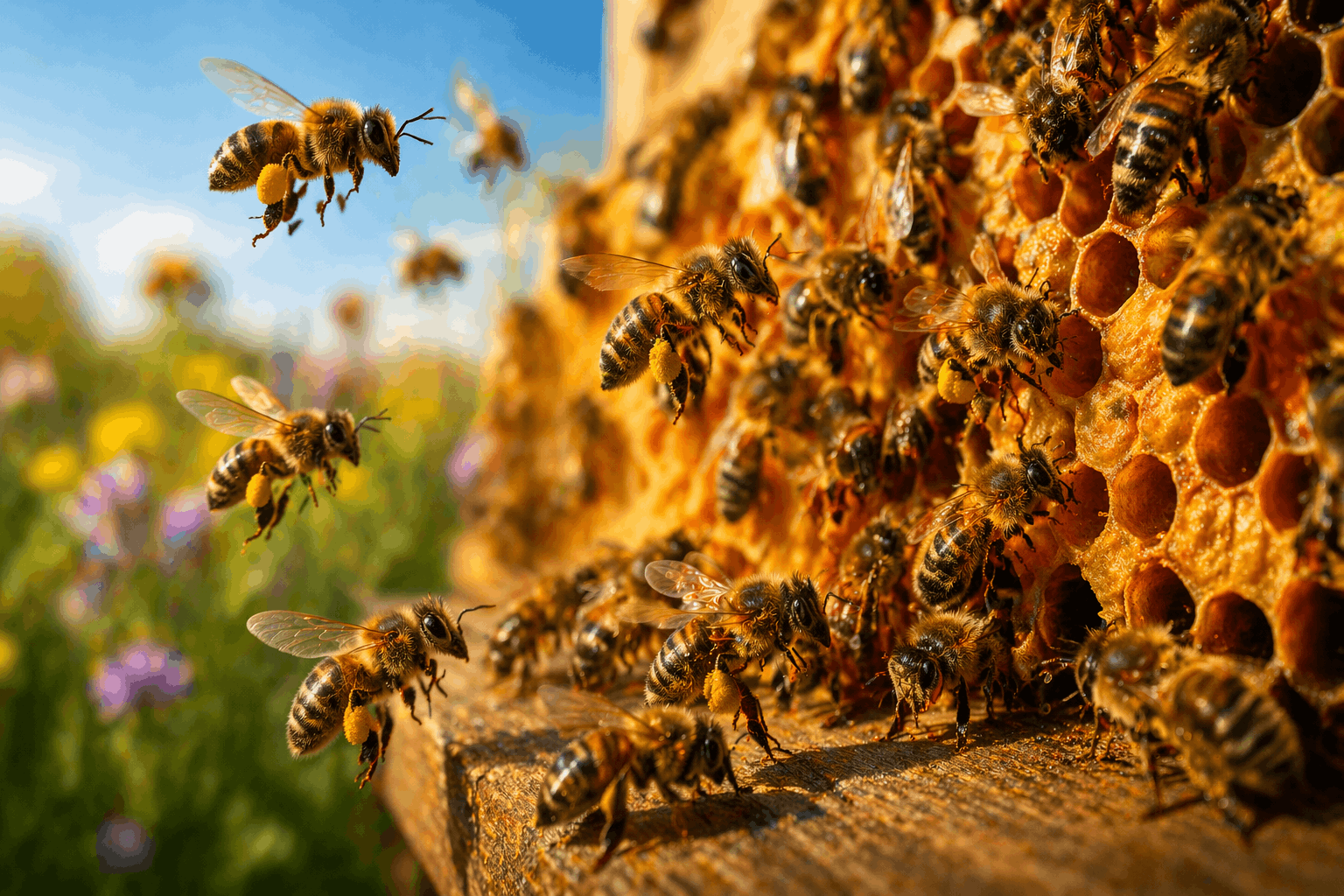 Honey bees on flowers illustrating pollination behavior, colony coordination, and ecosystem role for AnimalDex