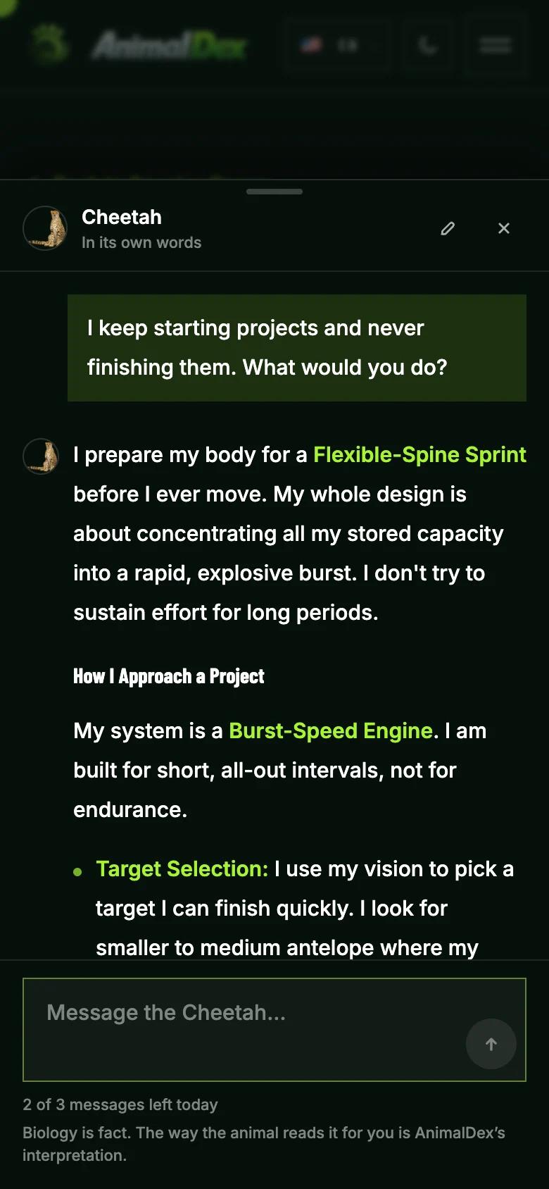 The Cheetah answering a question about never finishing projects with its Burst-Speed Engine: pick a target you can finish, get close, then commit all at once