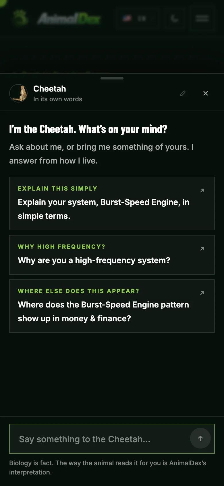 The conversation sheet opening with the Cheetah saying I'm the Cheetah, what's on your mind, above three suggested questions about its Burst-Speed Engine
