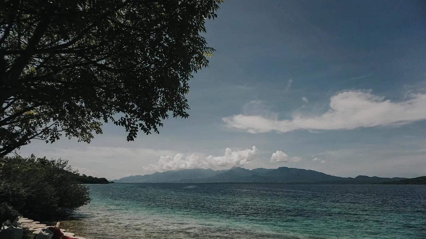 Clear shallow water off Menjangan Island with the mountains of West Bali behind