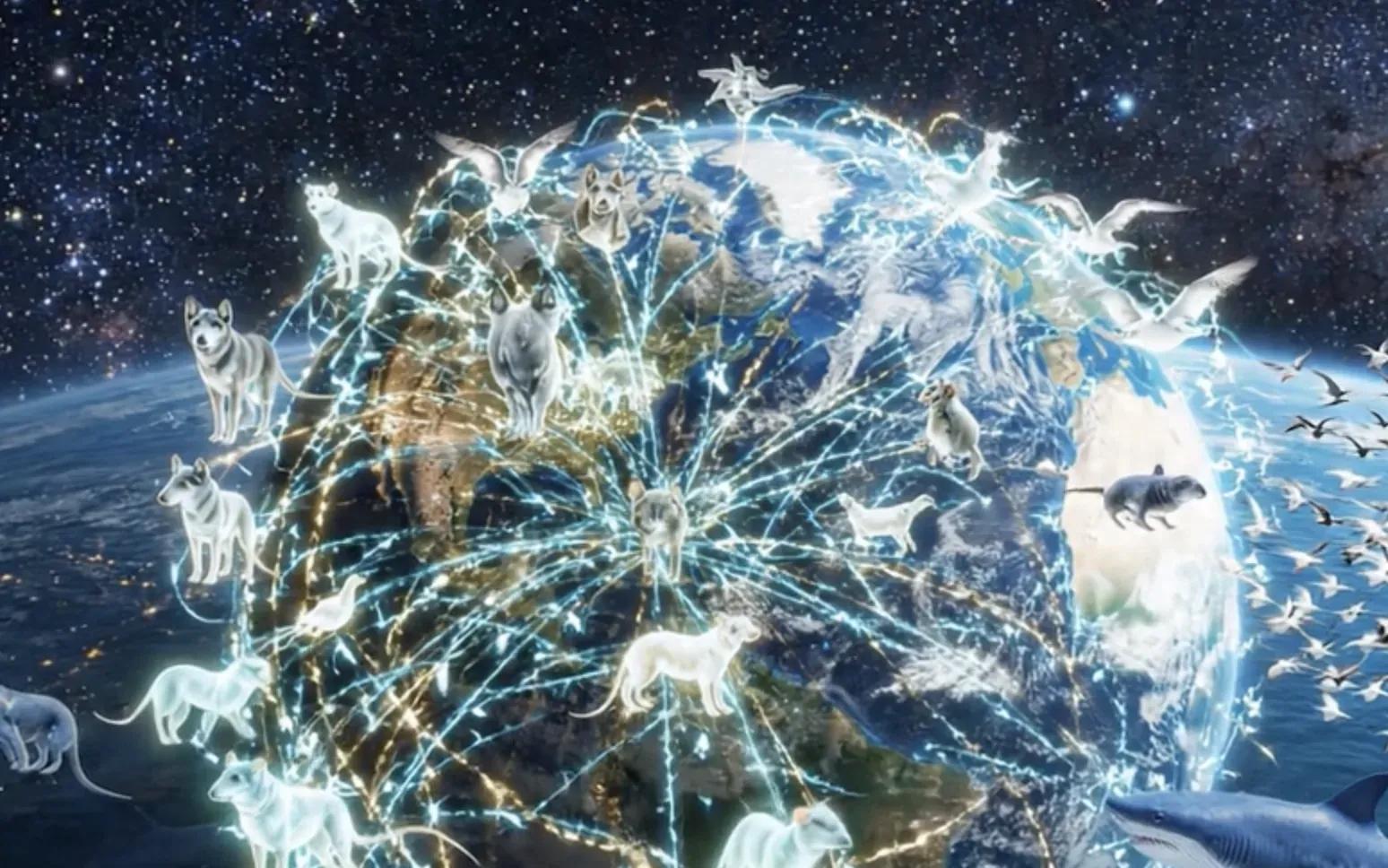 World map style image showing animals connected through a shared consciousness field, representing the AnimalDex view of nature as a living network