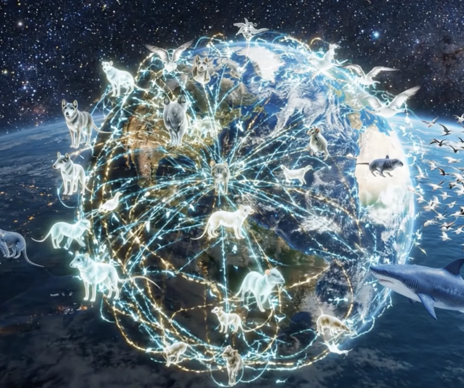 World map style image showing animals connected through a shared consciousness field, representing the AnimalDex view of nature as a living network