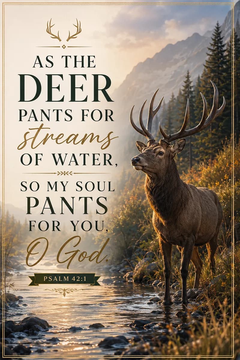 Psalm 42 Bible verse image with a deer background, showing the ancient symbolism of the stag seeking pure water