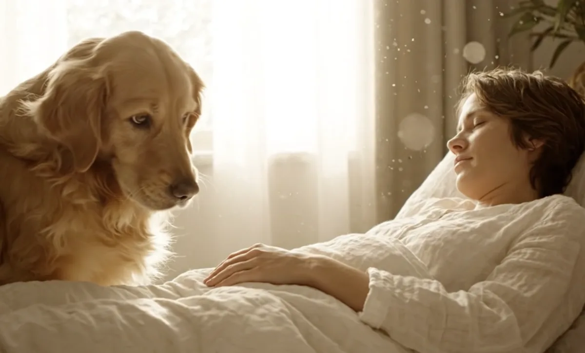 Dog lying beside a dying loved one in bed, representing reports of animals sensing death and staying close to their owners