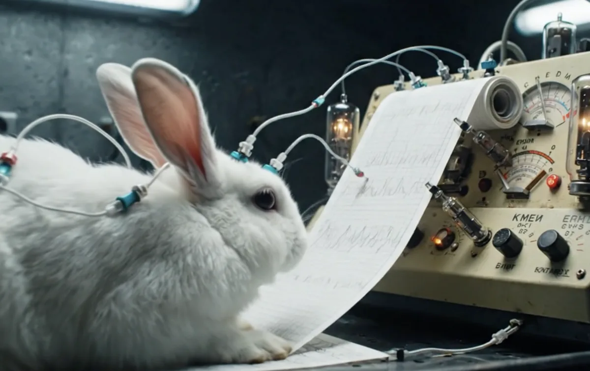 Mother rabbit connected to EEG monitoring equipment, representing claims about biological radio communication in Soviet animal experiments