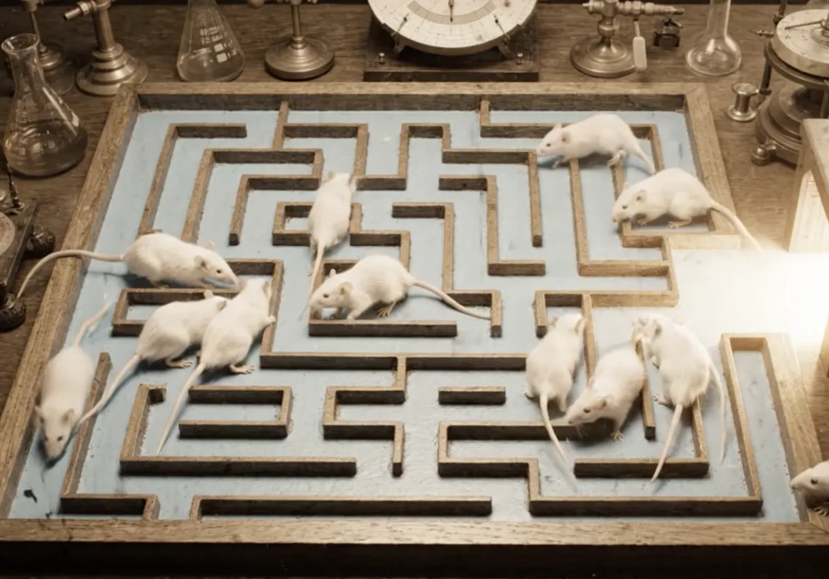 Rats navigating a maze, representing early animal memory experiments and controversial maze-learning research