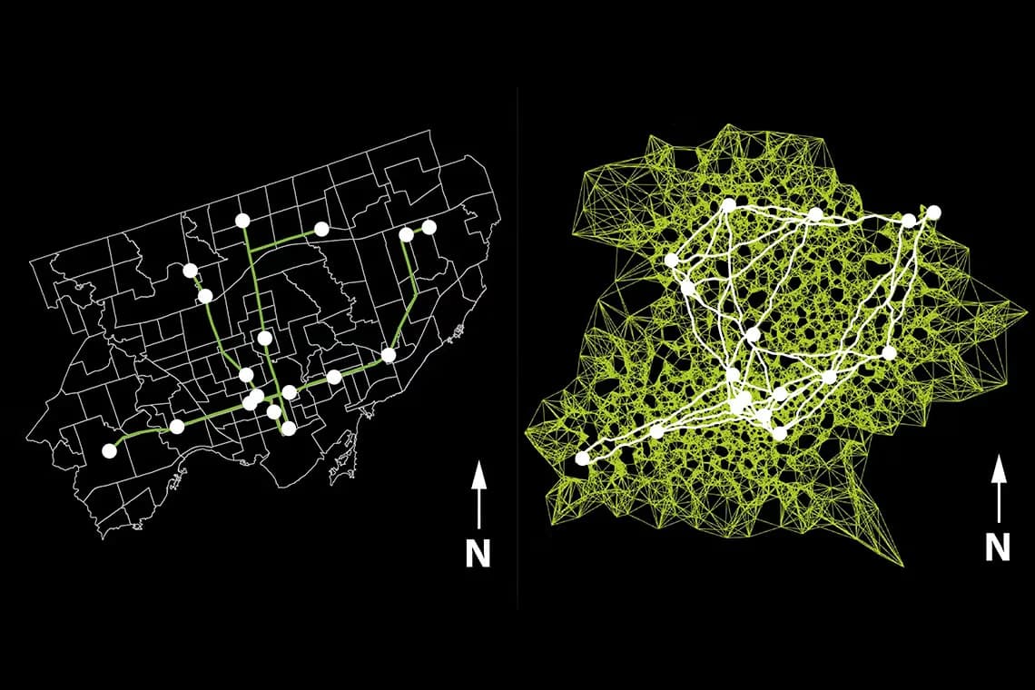 Slime mold network pattern compared with human transport systems, showing how brainless organisms can solve complex routes
