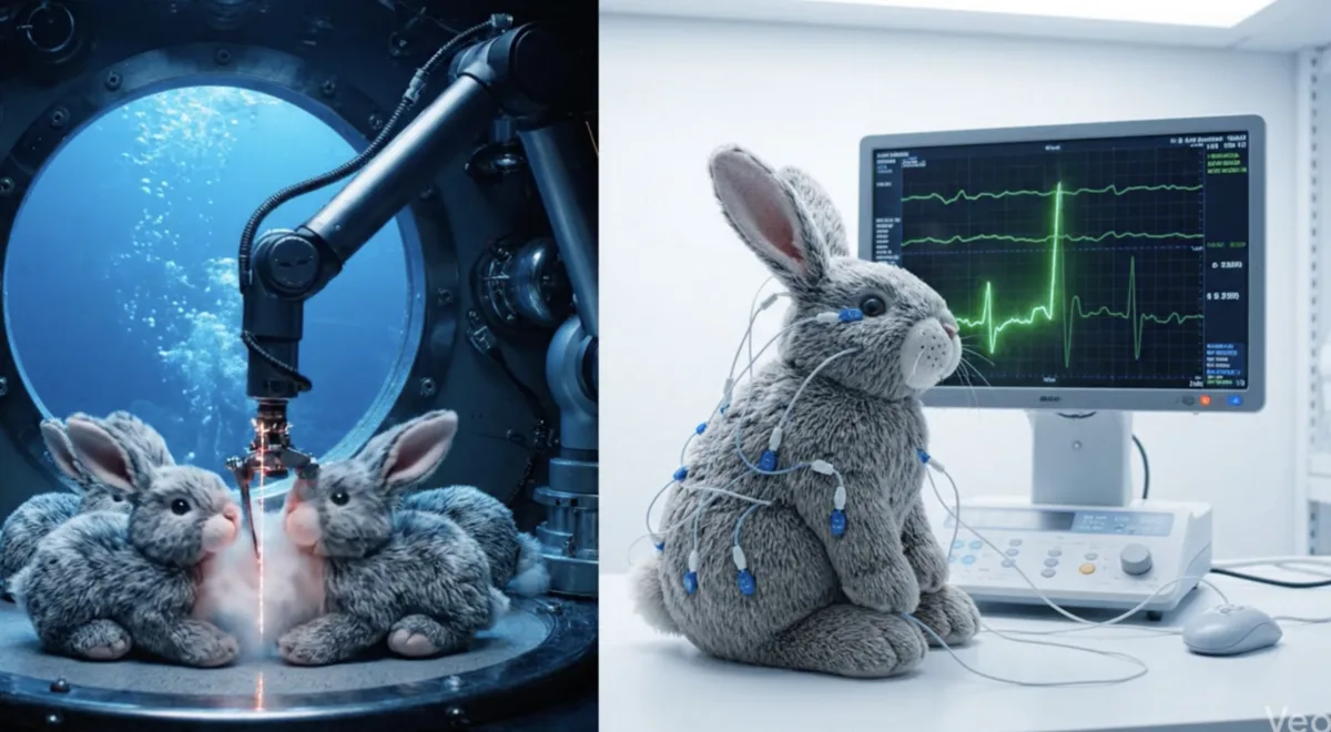 Demonstration image of a rabbit connected to EEG equipment beside a toy rabbit, representing the controversial Soviet rabbit submarine experiment