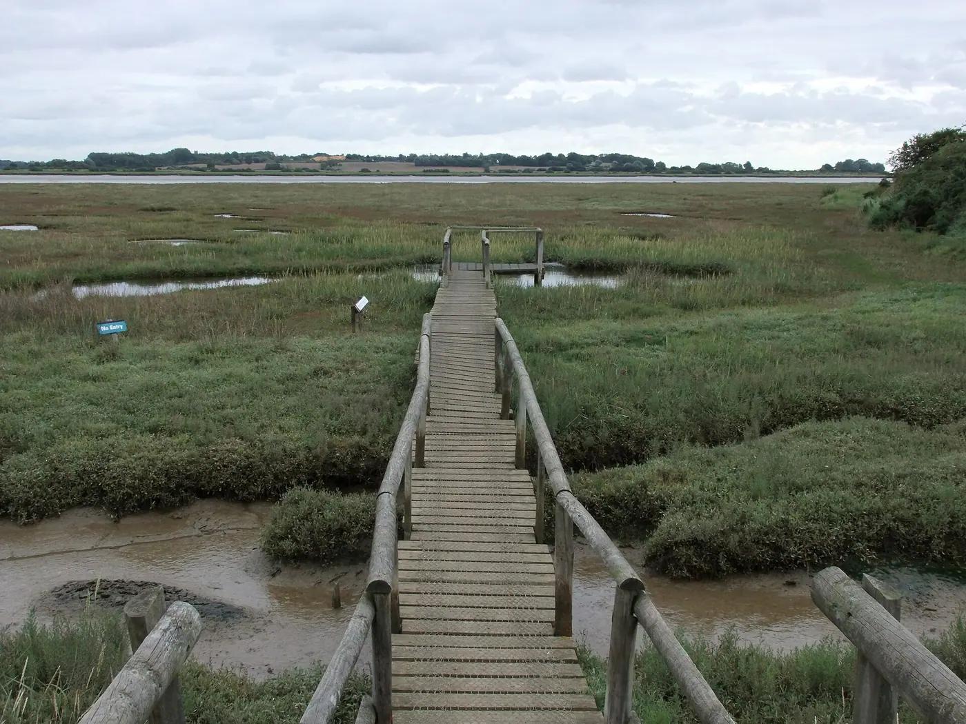 A wooden boardwalk with rope handrails crossing a saltmarsh at a nature reserve under a grey sky