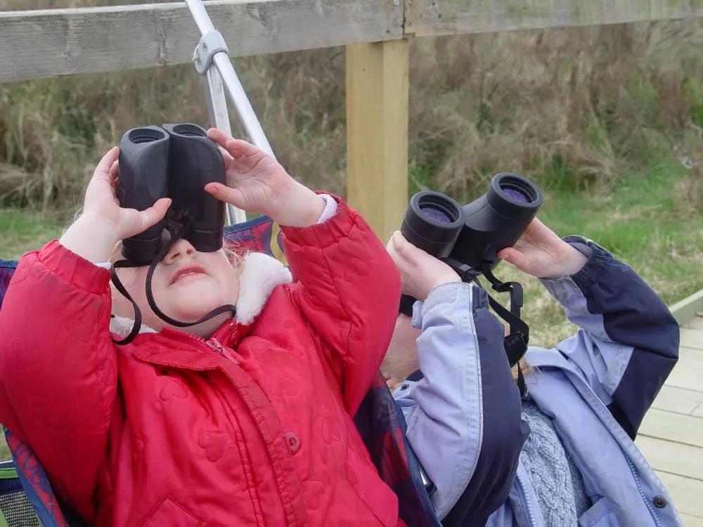 Two young children lying back on a boardwalk looking up through binoculars at a nature reserve