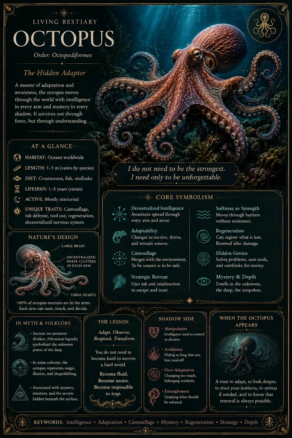 AnimalDex-style octopus bestiary card summarizing the octopus archetype of hidden adaptation
