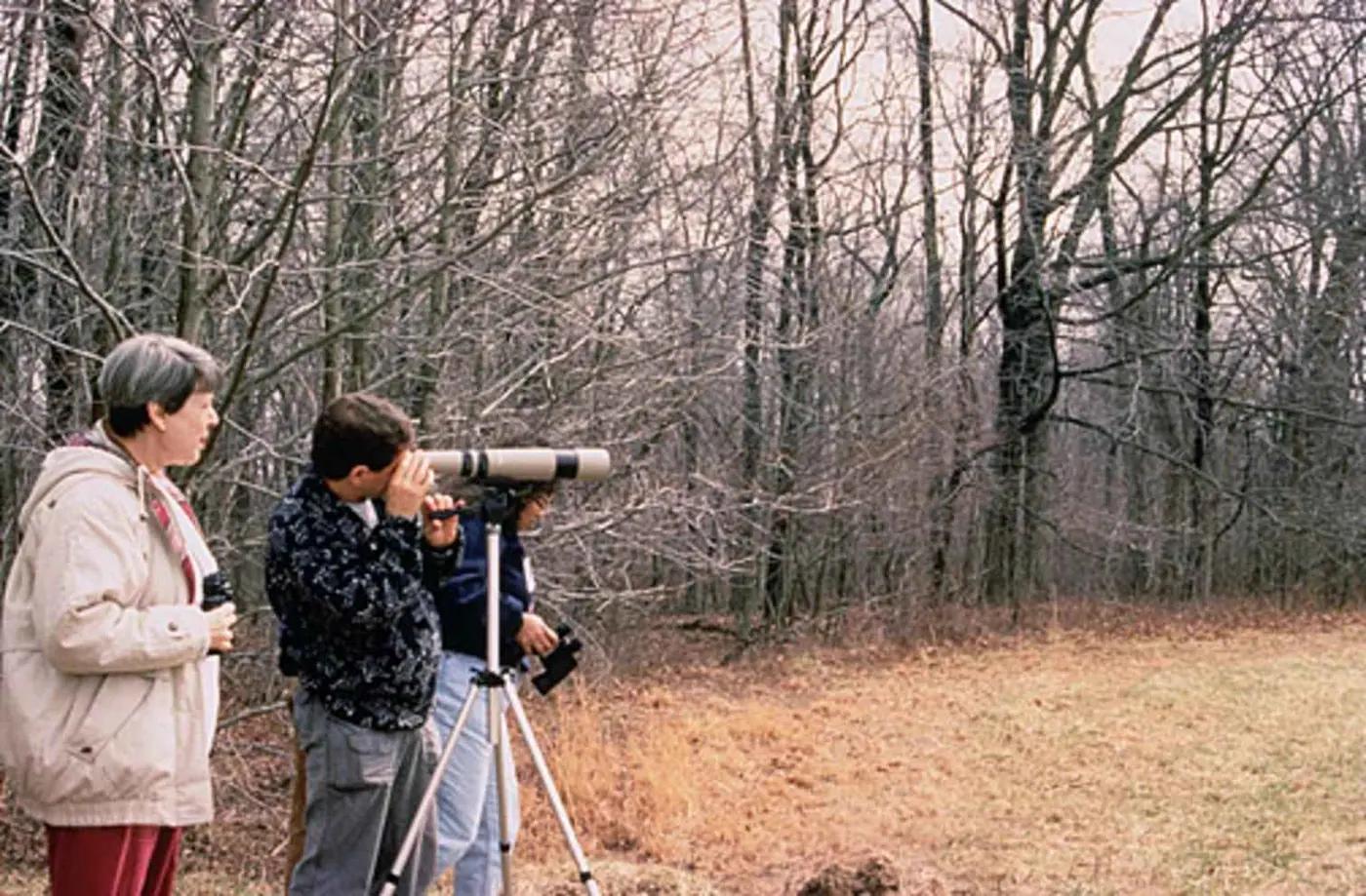 Three people in winter coats watch wildlife across a field through a spotting scope and binoculars