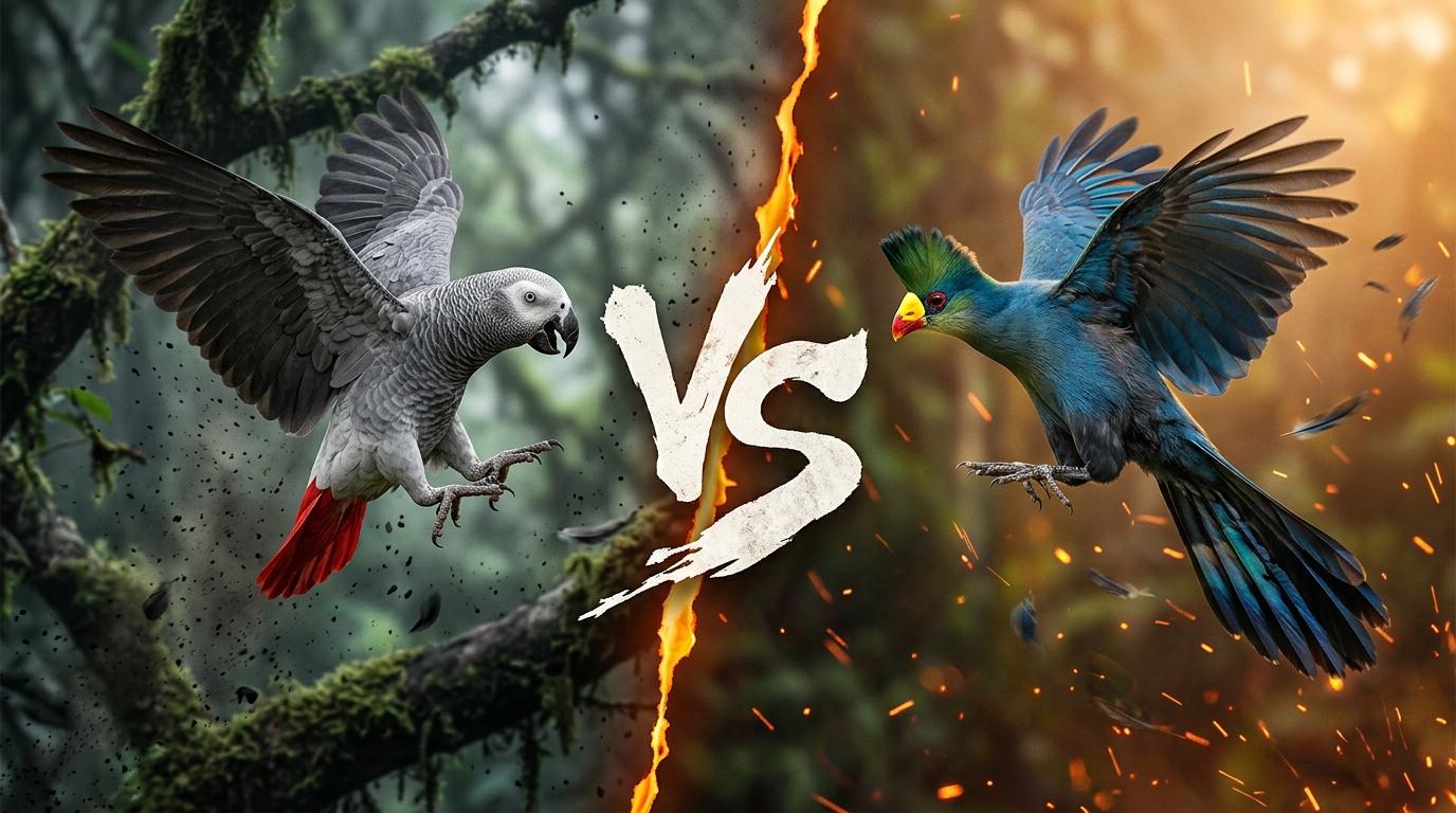 african-grey-parrot-vs-great-blue-turaco comparison image on AnimalDex