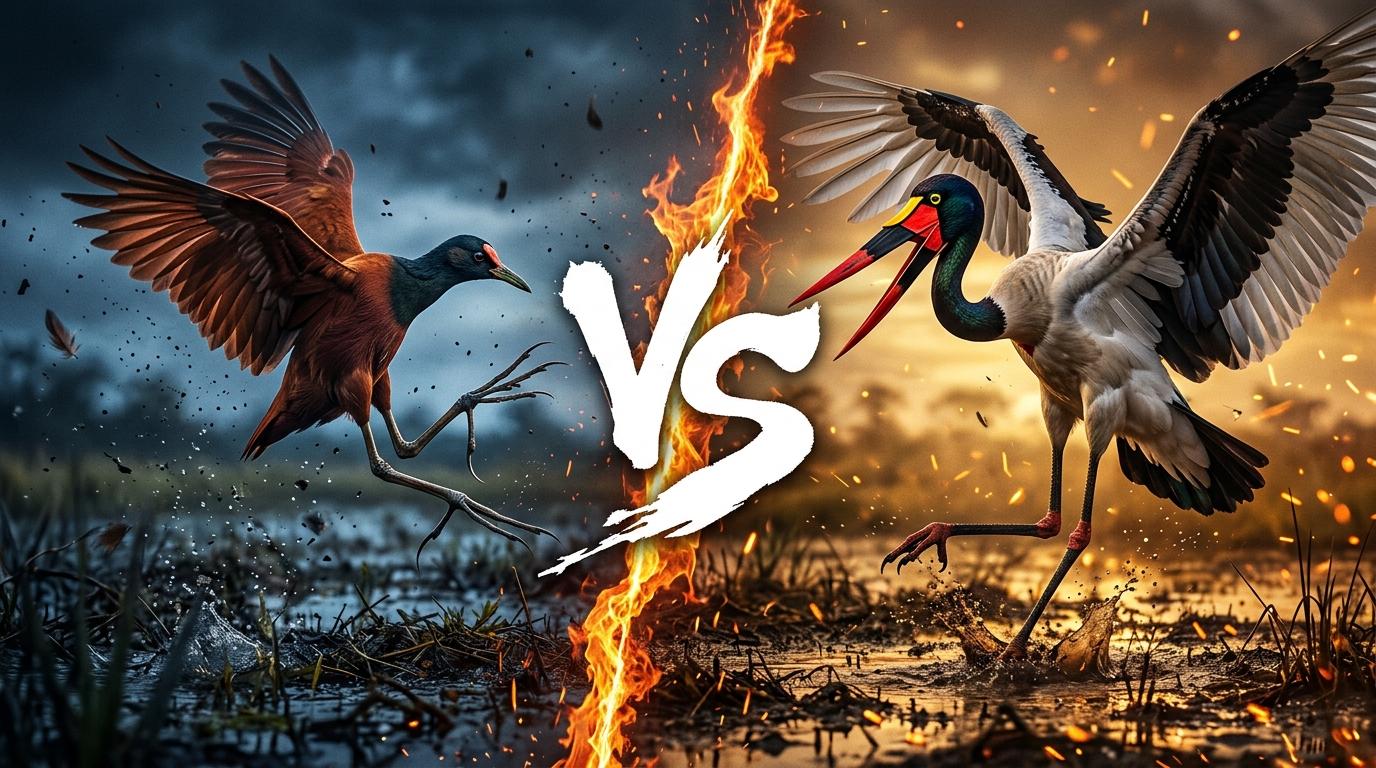 african-jacana-vs-saddle-billed-stork comparison image on AnimalDex