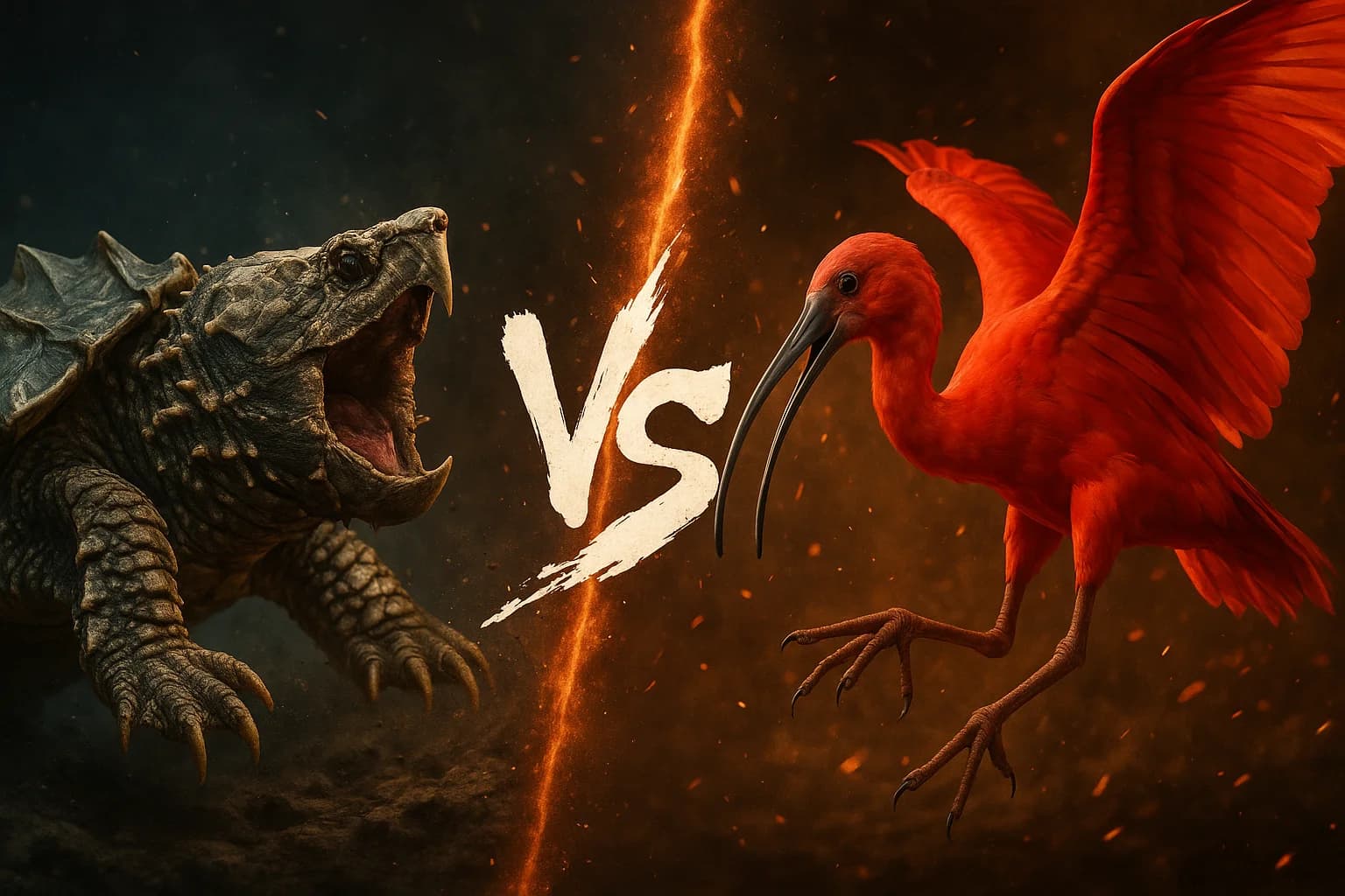 alligator-snapping-turtle-vs-scarlet-ibis comparison image on AnimalDex