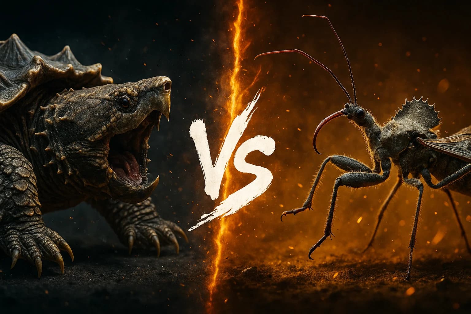 alligator-snapping-turtle-vs-wheel-bug comparison image on AnimalDex